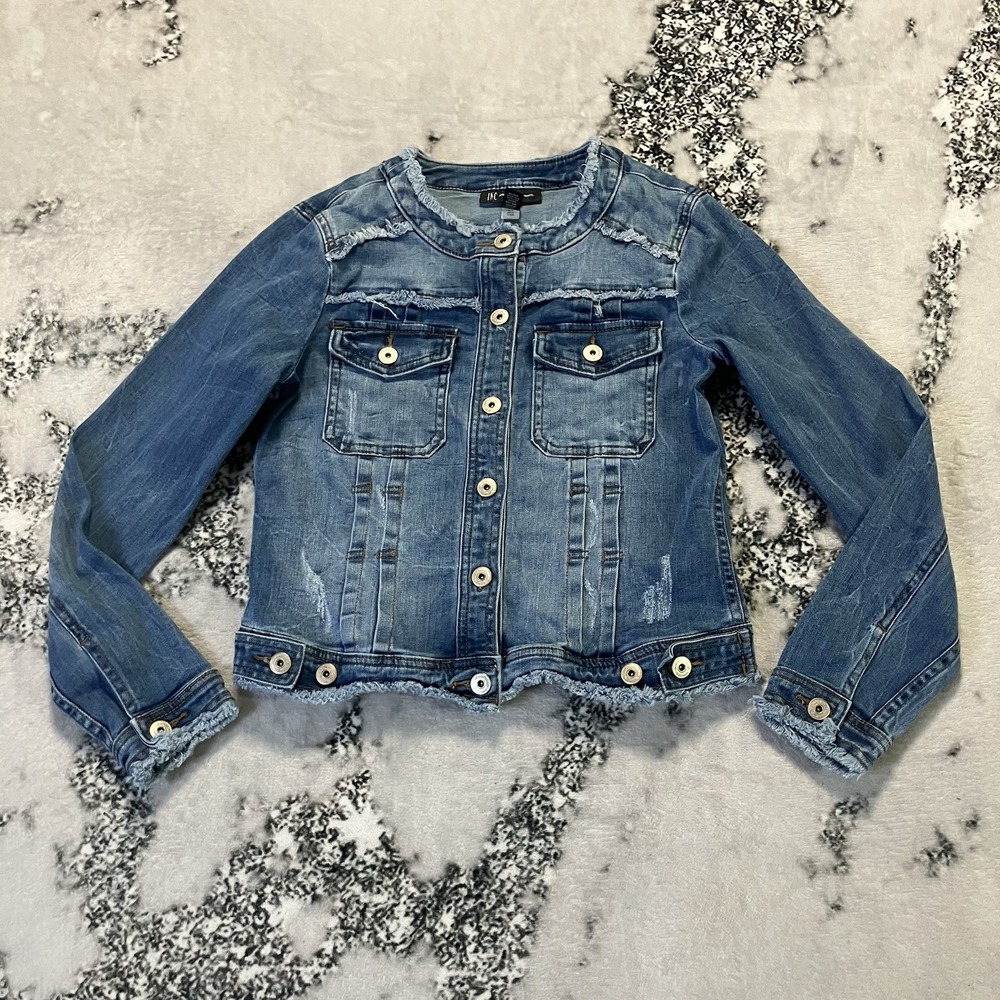 INC International Concepts Jacket Womens Size Small Blue Fringe-Trim Denim